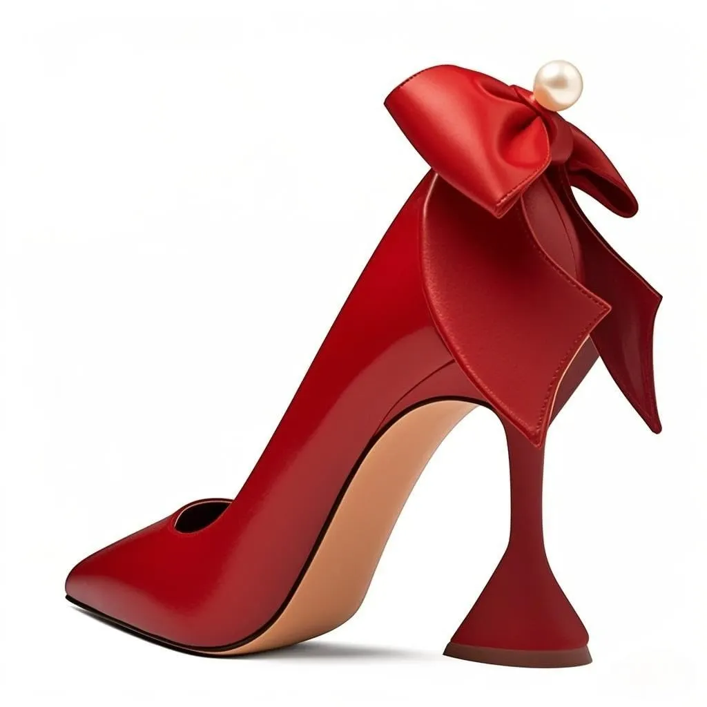 Vegan Leather Pointed Toe Pearl and Bow Flared Heel Red Pumps
