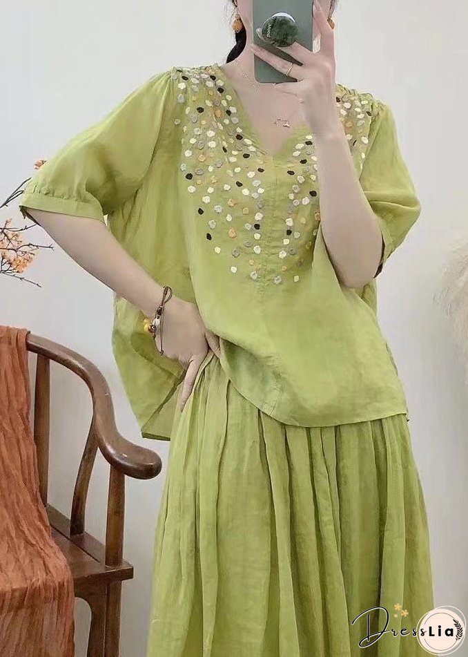 Loose Grass Green V Neck Embroideried Cotton Tops Half Sleeve
