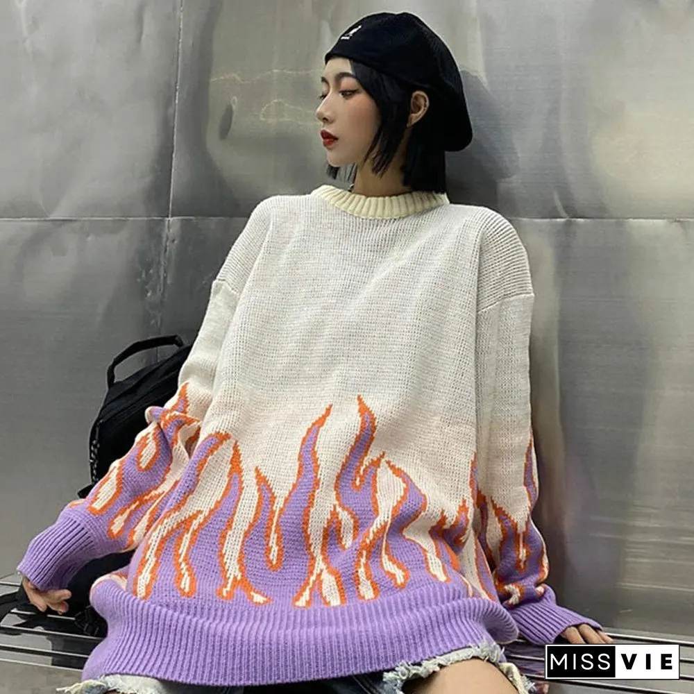 Chic Colorblock Knit Flame Print Sweater