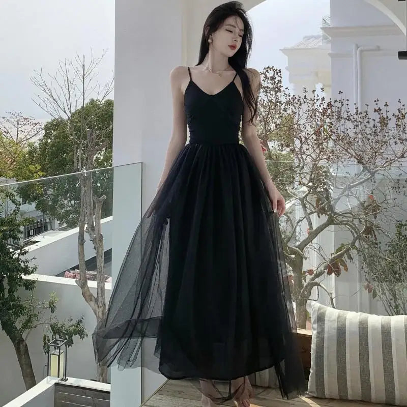 Aiertu Sleeveless Dress Women Mesh Long A-line Black Retro Elegant V Neck Fairy Sexy Pleated Sundress Summer Evening Party Ball Gown Aiertu