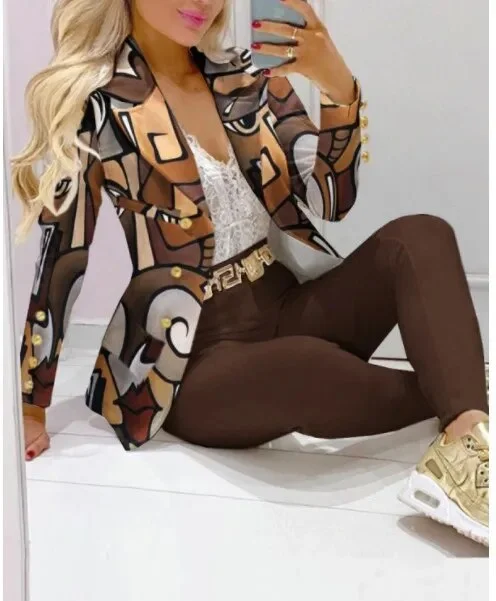 Nigikala Stripe Print Suit Coat Pants Set Office Lady Fashion Elegant Long Sleeve Top Trousers Two Piece Set Women Outfit 2023