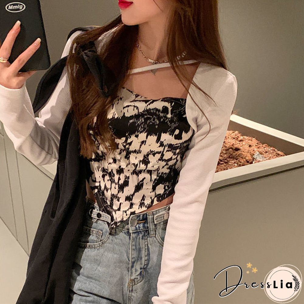 T-Shirts Women Slim Trendy Chic Summer Long Sleeve Ulzzang High Street Lady Fake Two Piece Mujer Camisetas Ins Inside Crops Tops