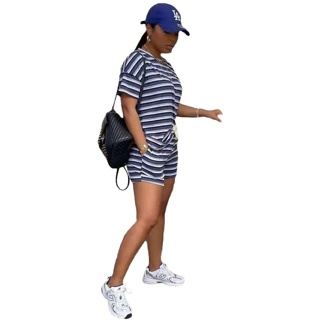 CM.YAYA Women Set Striped Short Sleeve O-neck Loose T-shirts Pockets Shorts Two 2 Piece Sets Casual Tracksuit Outfit Summer 2021