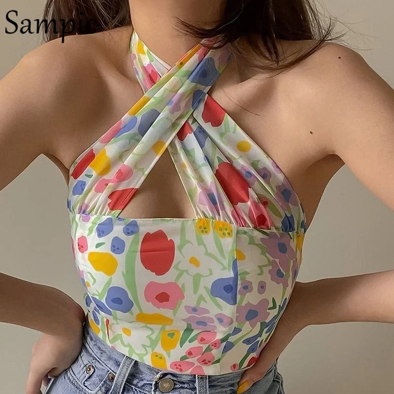 Sampic Casual Summer Beach 2021 Women Skinny Floral Print Hollow Out Crop Tops Y2K Fashion Backless Tank Tops Sexy T Shirt