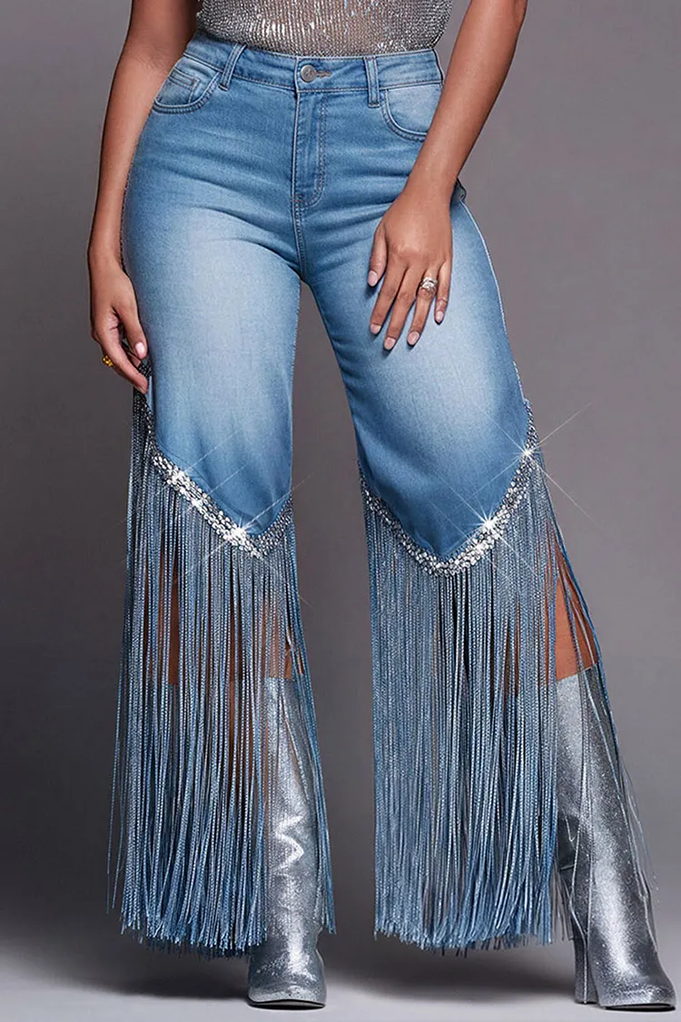 Xpluswear Design Plus Size Party Blue Strappy Drilling Denim Jeans [Pre-Order] 2024 - Xpluswear