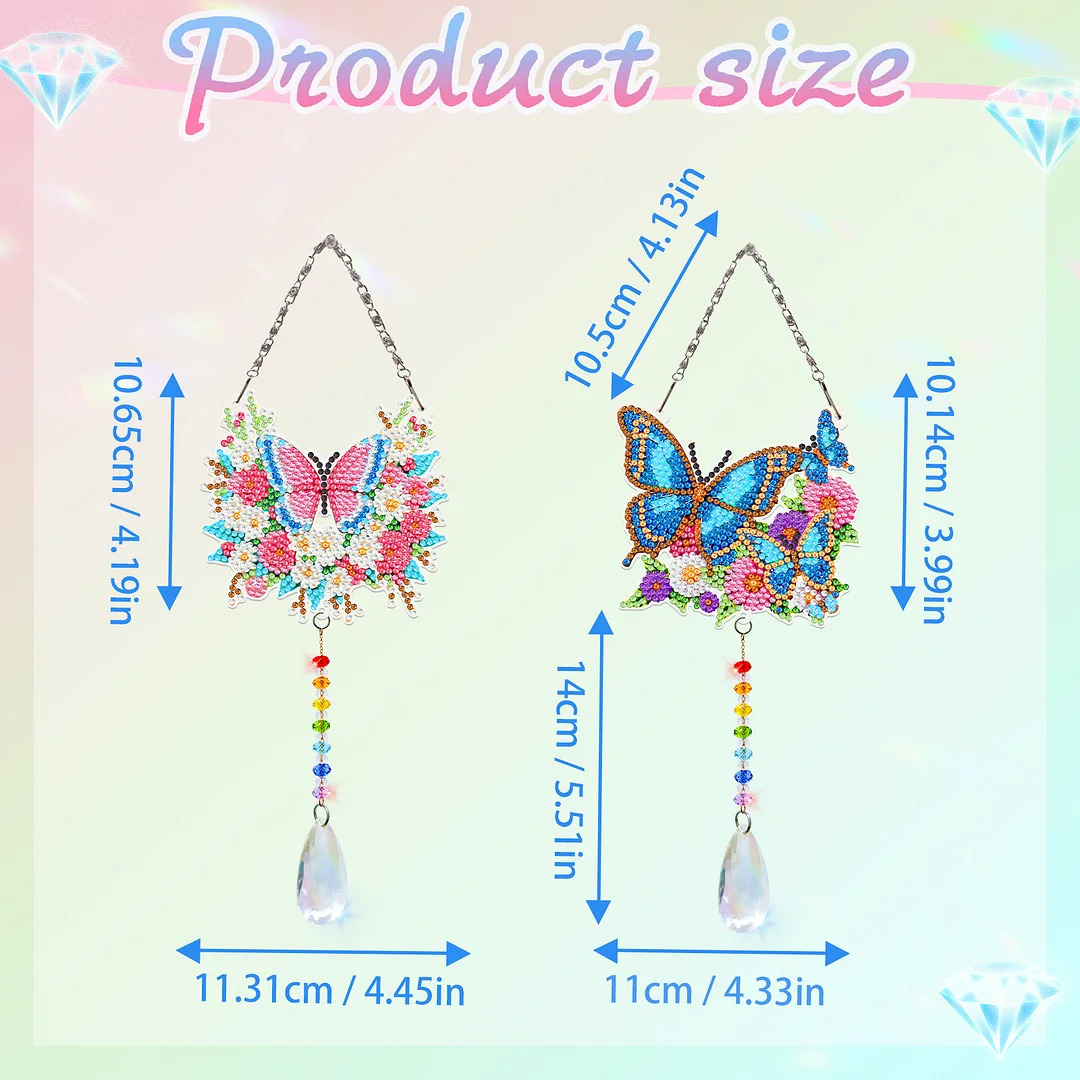 2Pcs Flowers and Butterflies DIY Acrylic Diamond Painting Art Wind Chimes with Crystal Pendant Diamond Art Hanging Pendant Double-Sided for Adults Beginners Gift Home Garden Decor
