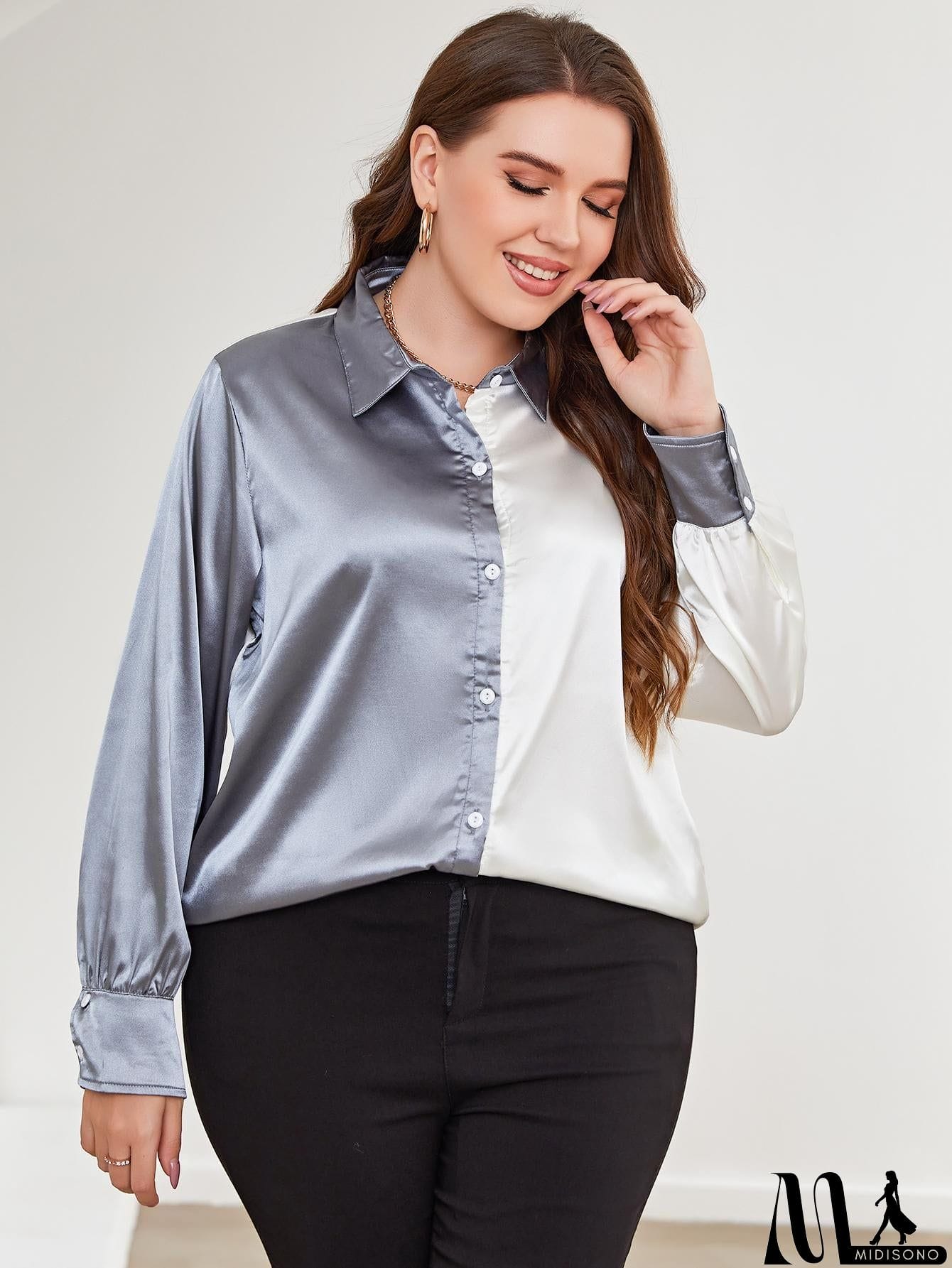 MidiSono - Plus Size Two-Tone Long Sleeve Shirt