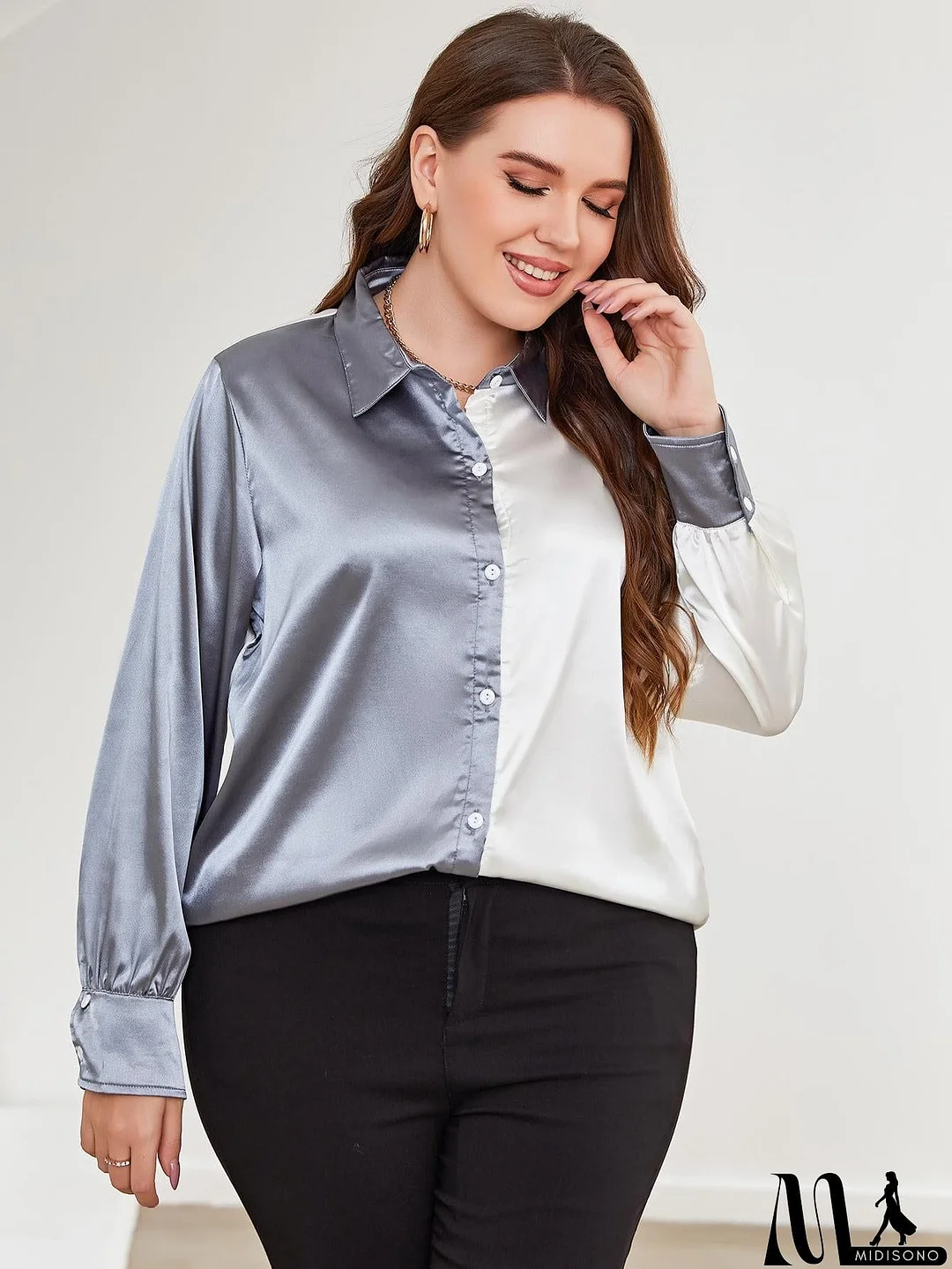 MidiSono - Plus Size Two-Tone Long Sleeve Shirt