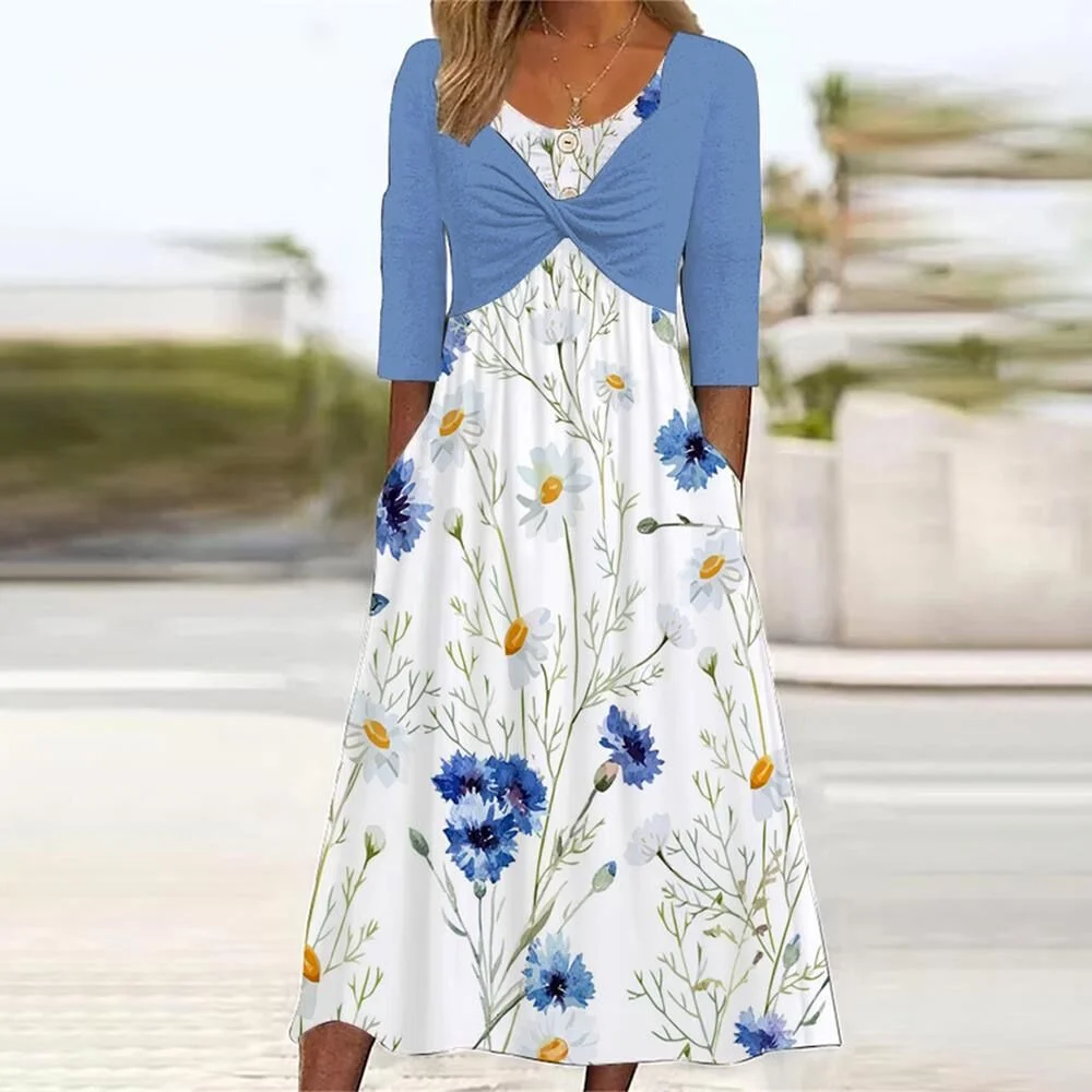 Fashion Elegant Pocket Print Midi Dress