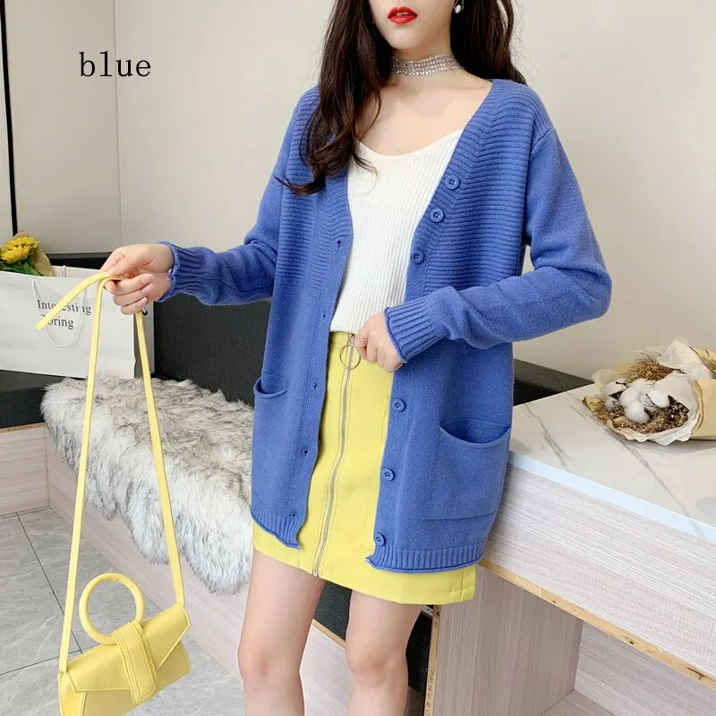 Fashion Knitted Cardigan Women Coat Solid 2020 Spring Autumn Fashion V Neck Long Sleeve Korean Style Sweater Coat Tops Ladies