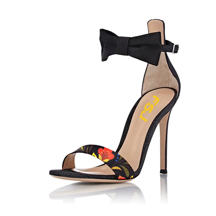 Black Floral Bow Heels Open Toe Stiletto Heel Ankle Strap Sandals |FSJ Shoes