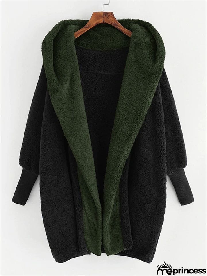 Fluffy Contrast Color Long Sleeve Hoodies
