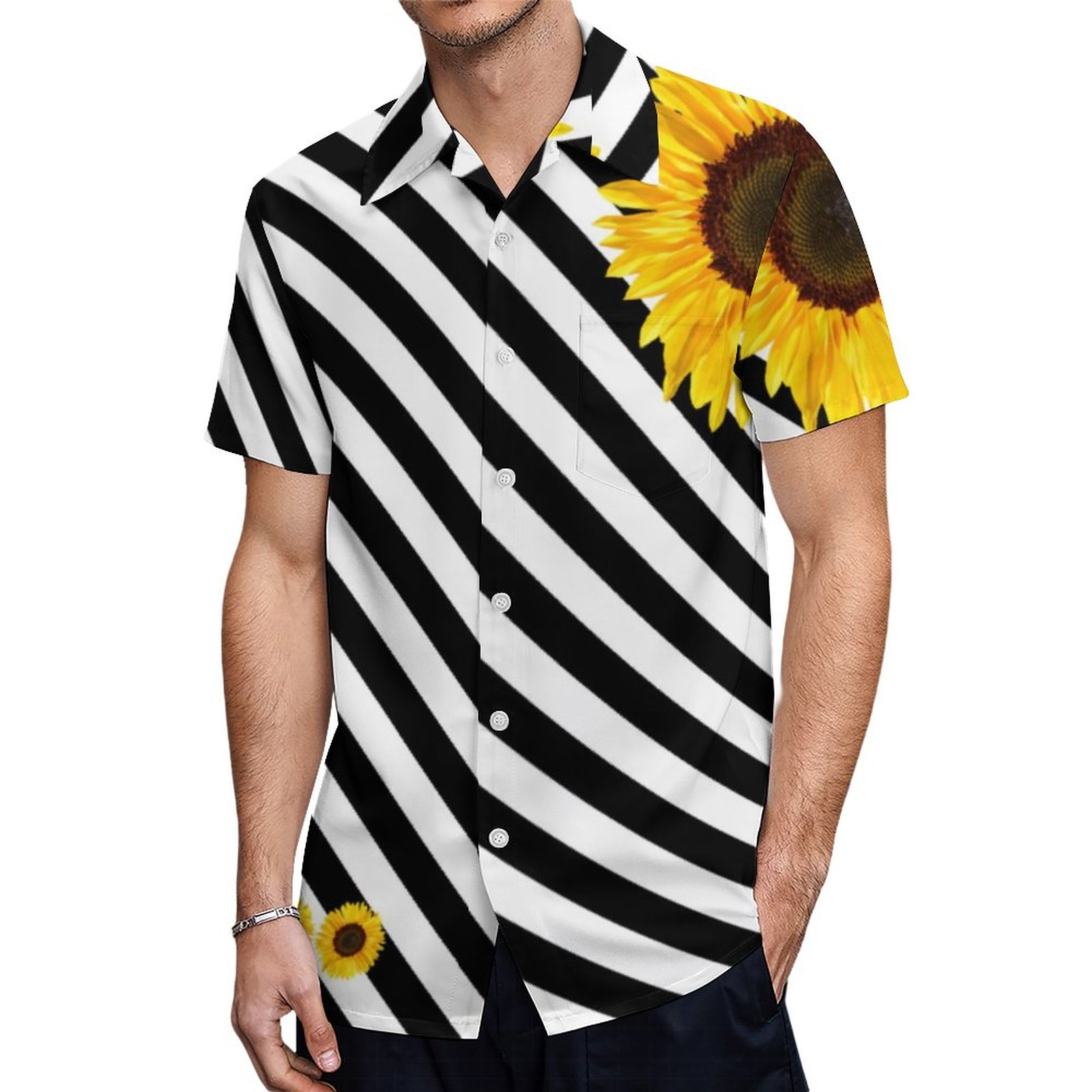 Sunflower Black And White Geometric Striped Hawaiian Shirt Mens Button Down Tropical Hawaii Beach Shirts