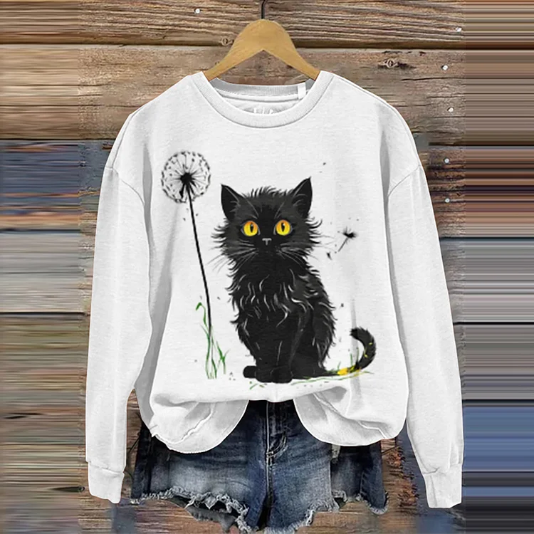 Simpfit Niedliches Rundhals-Sweatshirt mit Katzenmuster