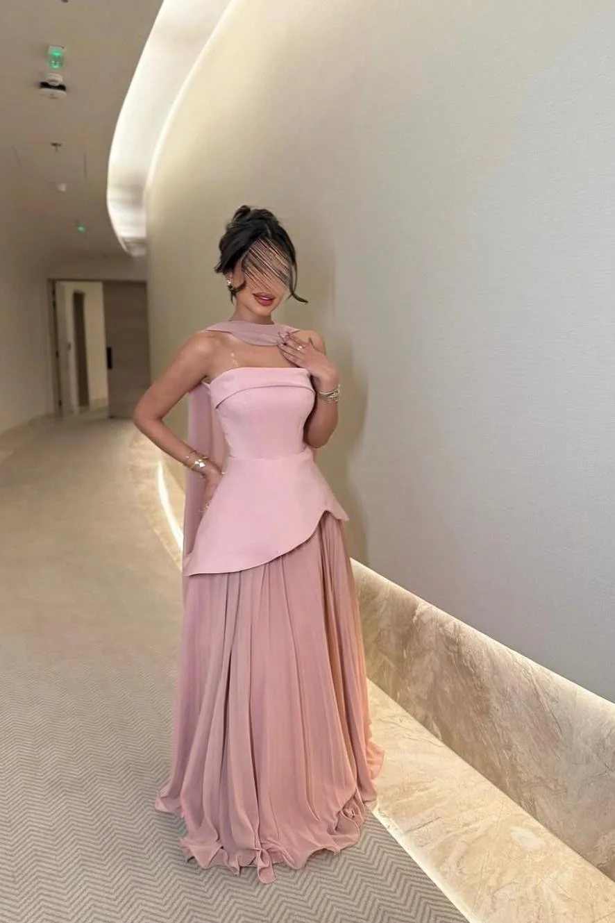 Miabel Charming Dusty Rose Satin Strapless Sleeveless Long Prom Dress with Pleated 