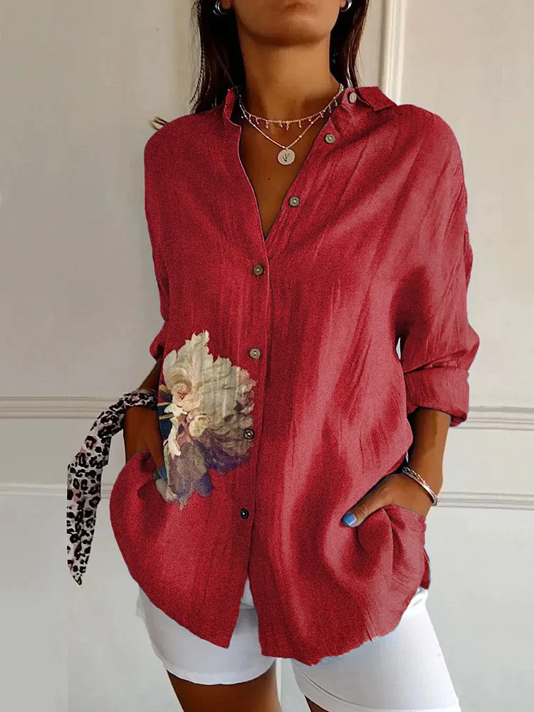 Vintage Red Floral Art Print Long Sleeve Shirt
