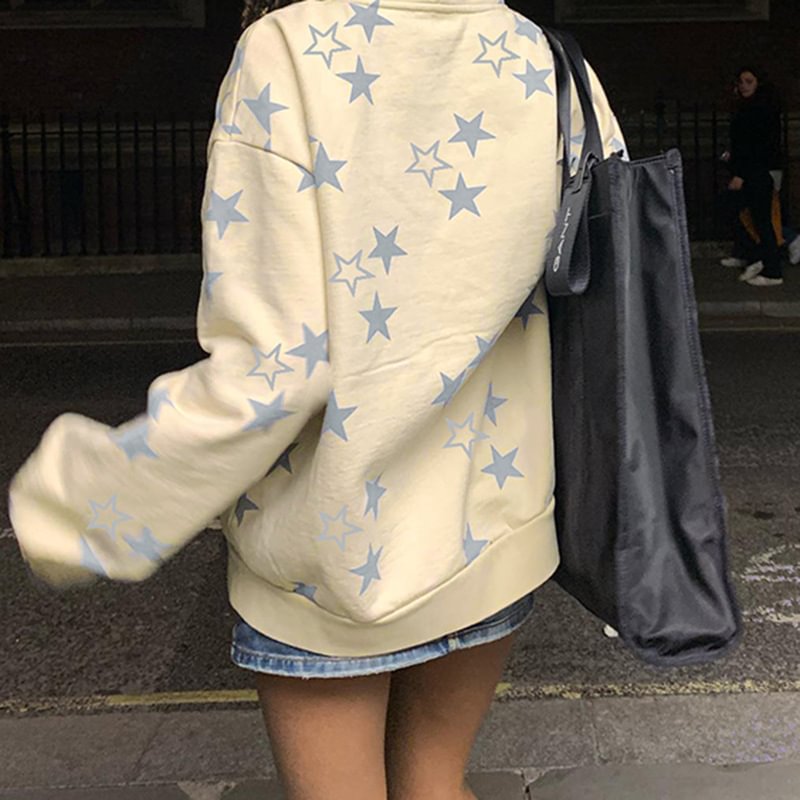 Star Wings Print Zipper Sweatshirt with Pocket