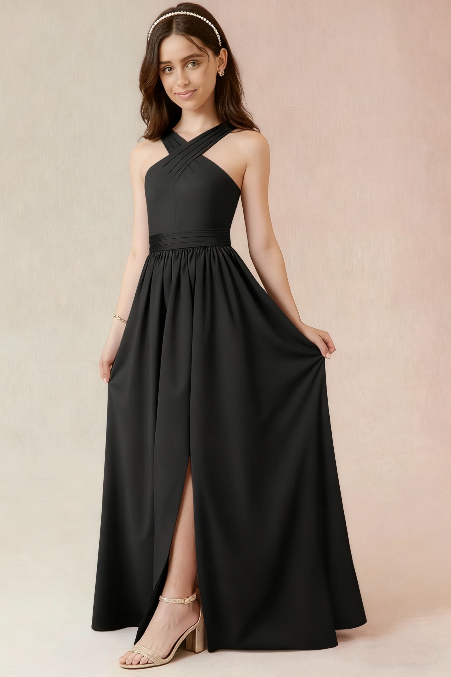 Daisda Black Halter Straps Sleeveless Slit Long Junior Bridesmaid Dress
