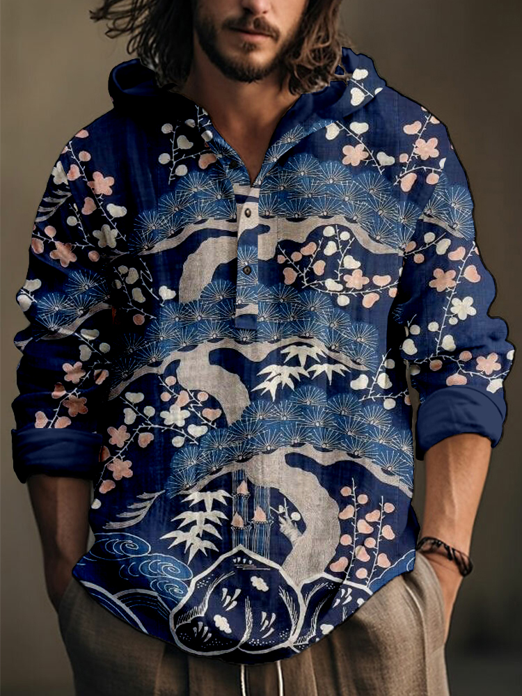 Men's Vintage Japanese Art Pattern Linen Blend Hooded Shirt