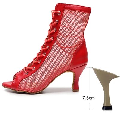 VCshoes Woman Red Mesh Latin Ballroom Dance Shoes Women High Heel Jazz Dance Booties Girls Stiletto Bootie Slim Heel 3.5/4 Inch