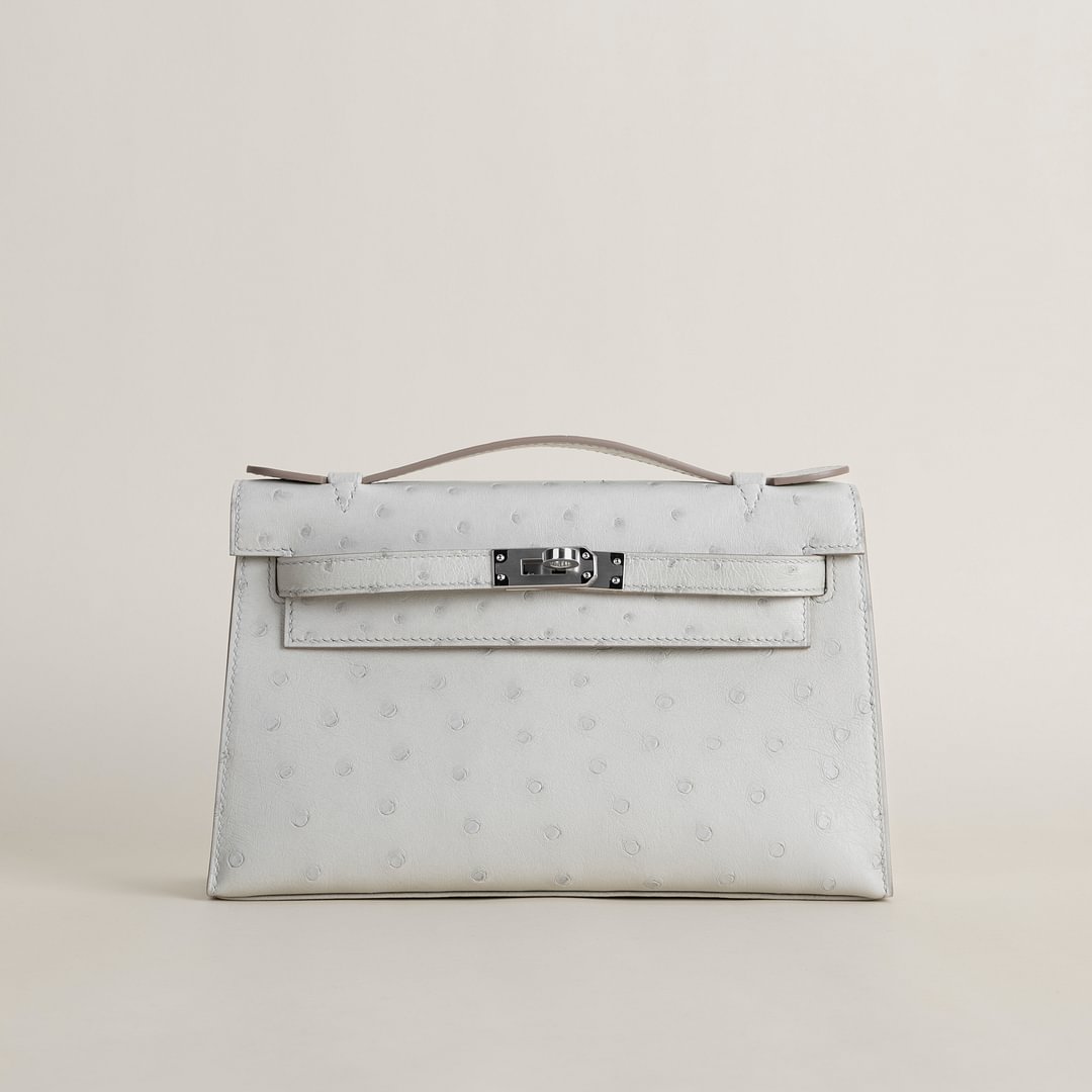 Kelly pochette Ostrich 80 Pearl gray PHW
