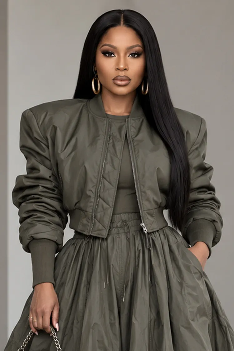 Shoulder Pad Stand Collar Long Sleeve Cropped Jacket-Green [Pre Order]