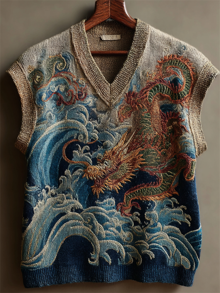 Japanese Dragon Sea Waves Cozy Knit Vest  artssus