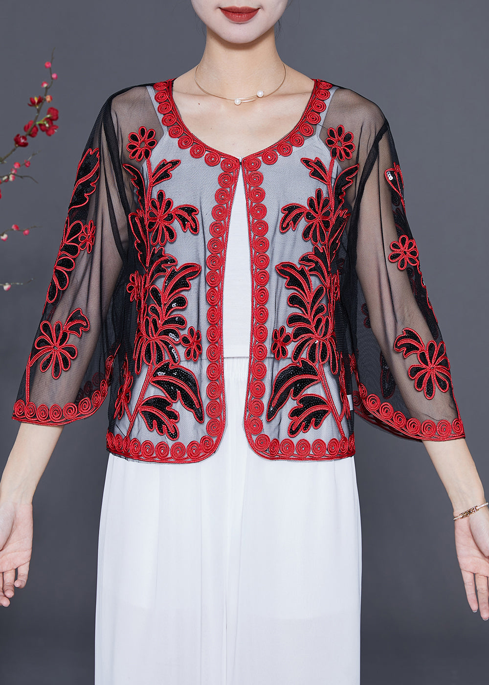 VCSHOES Red Sequins Embroideried Tulle Loose Cardigan Summer