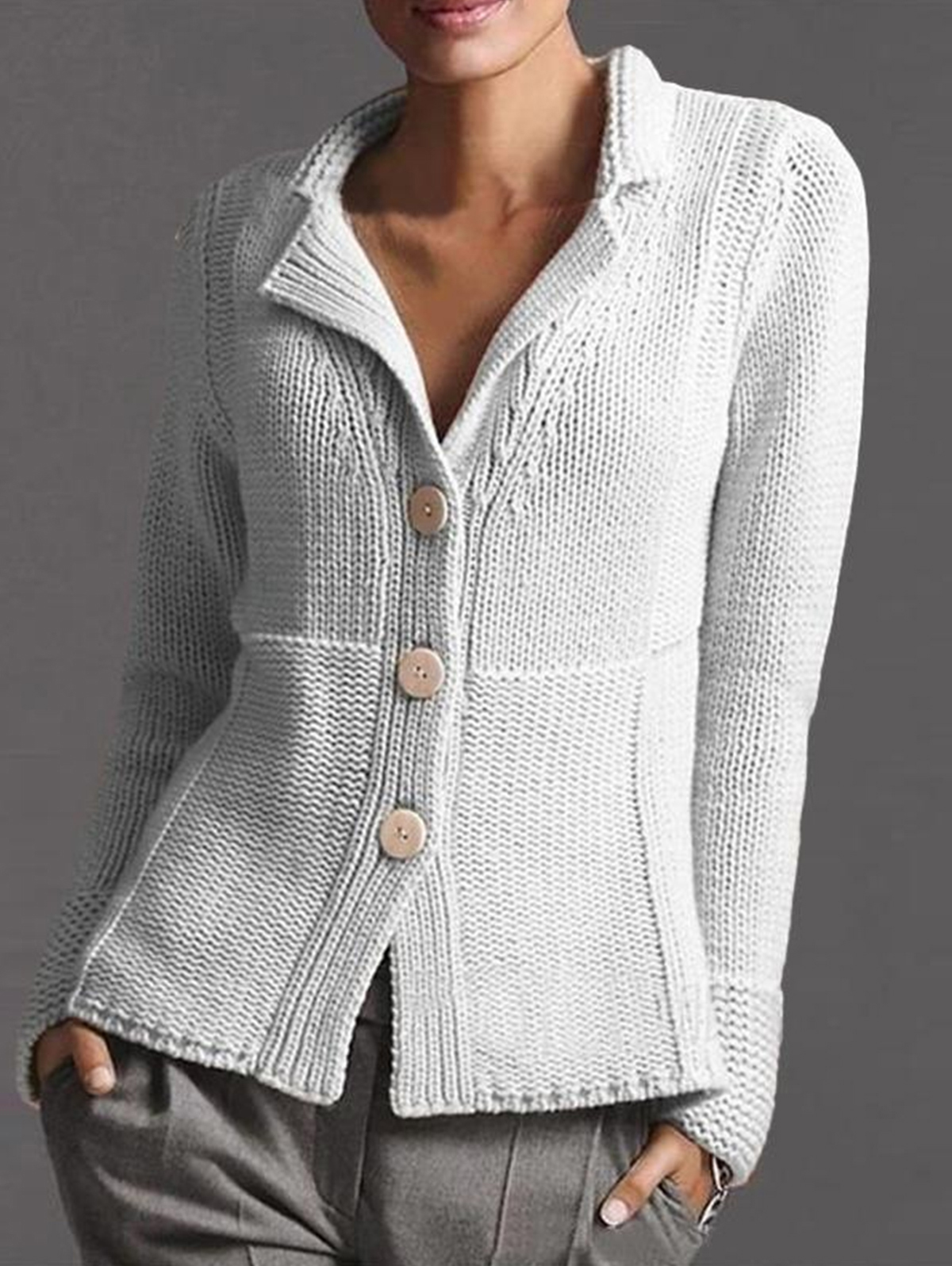 Solid Lapel Collar Single Breasted Knit Cardigan Sweater