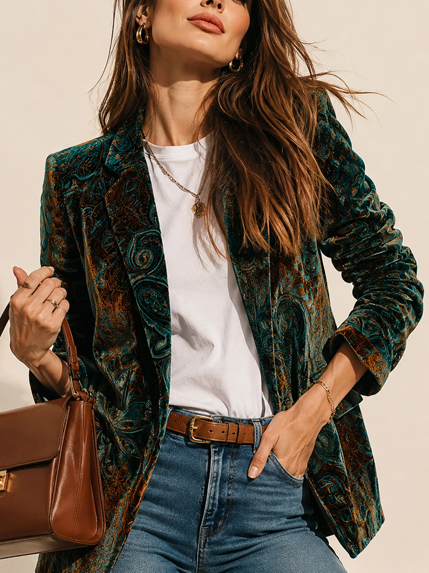 Perfect for Rodeo Competitions &mdash; Deep Green, Vintage Paisley Pattern, Luxurious Velvet, 2026 Spring/Autumn Women&rsquo;s Chic Blazer
