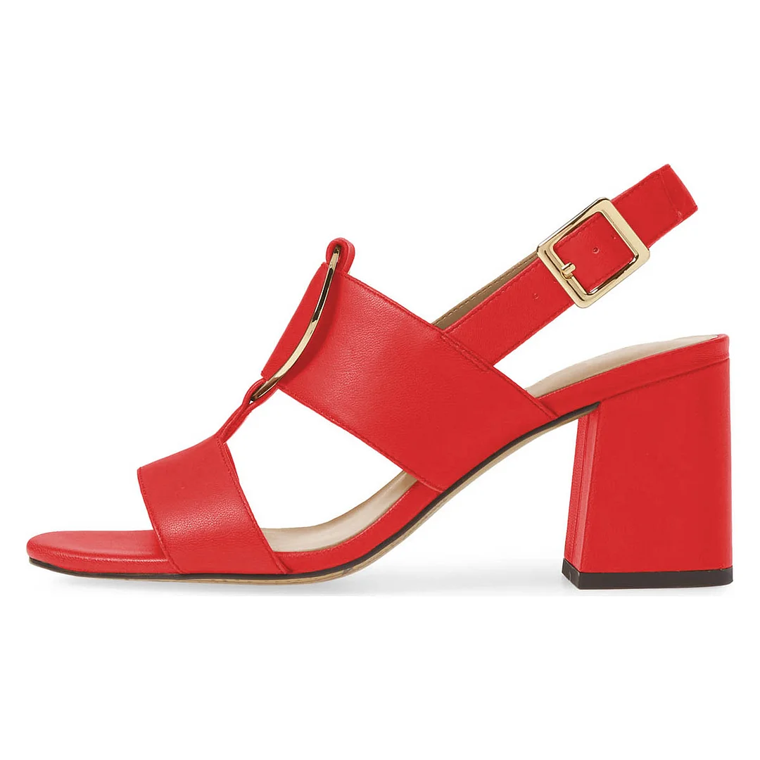 Red Open Toe Slingback Block Heeled Sandals with Buckle Strap