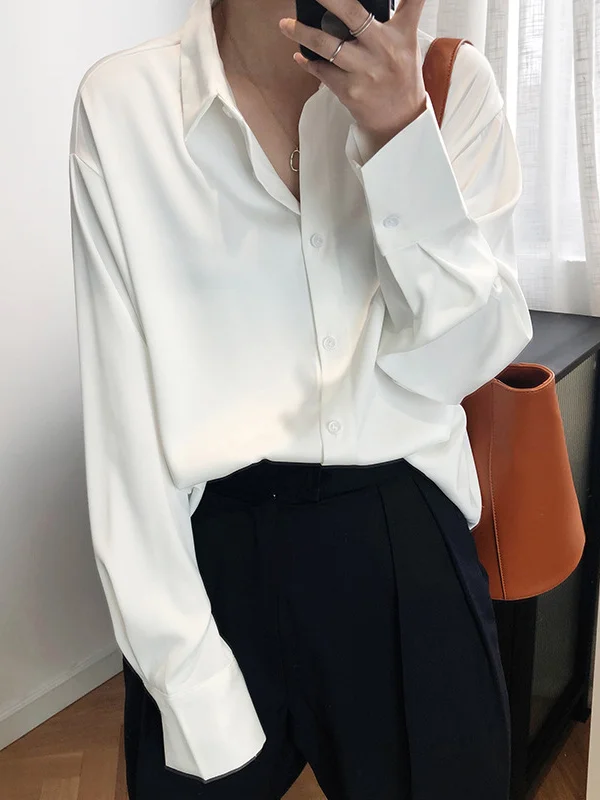 Simple Solid Color Satin Chiffon Long Sleeve Blouse
