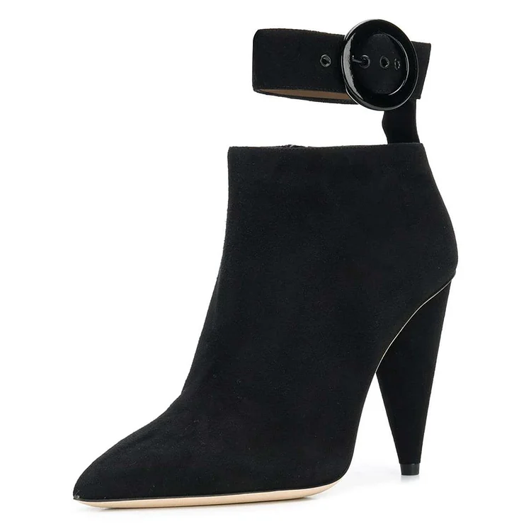 Black Ankle Strap Buckle Cone Heel Ankle Boots |FSJ Shoes