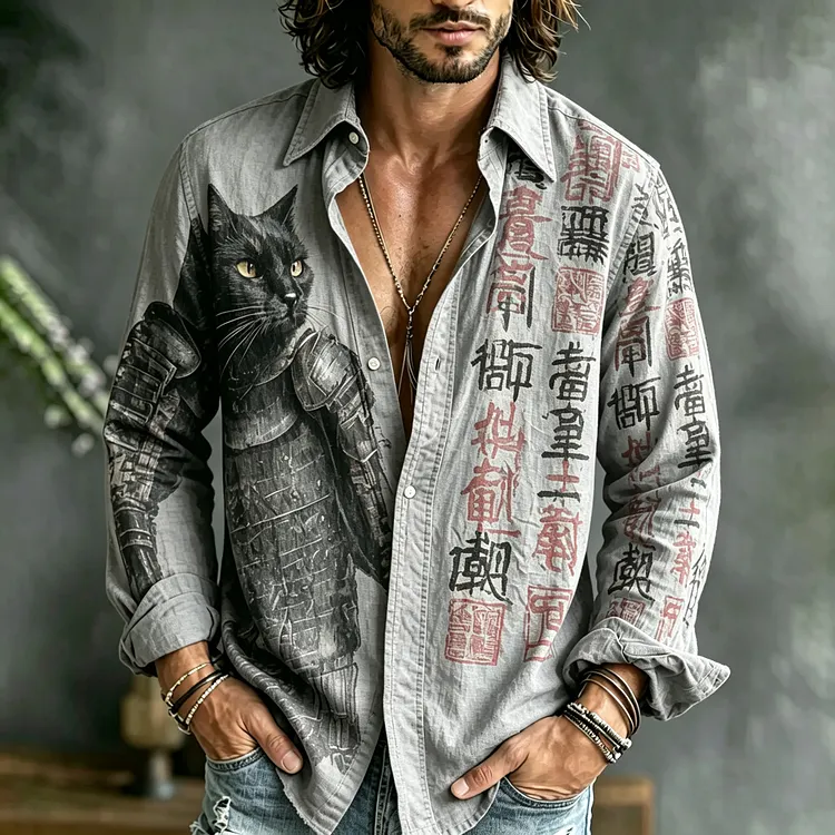 Men's Japanese-style Black Cat Samurai And Calligraphy Print Long-sleeved Shirt
