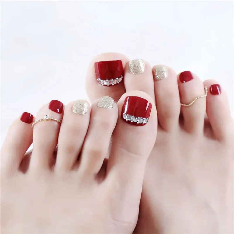 24pcs Luxury Full Fake Toe Nail Rhinestone False Nails Finished Manicure Flash Drill Wine Red Foot Nail Art for Summer Barefoot-Nail Inspo