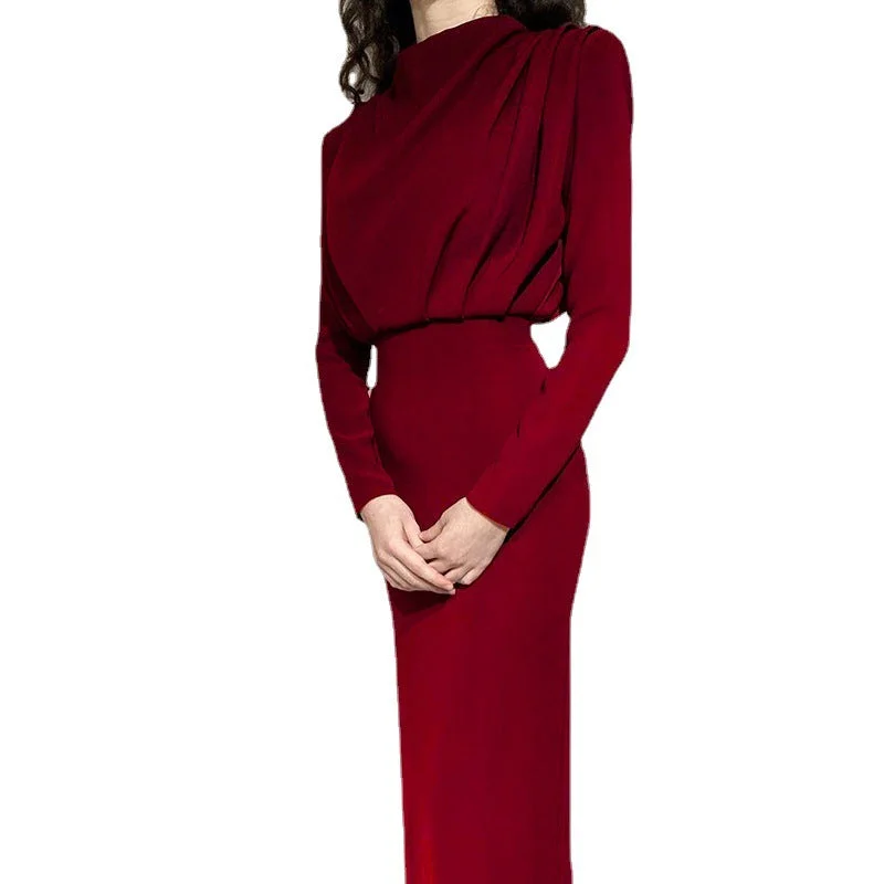 Uveng Model Autumn Fashion Temperament Waist-controlled Solid Color Long Sleeve Dress