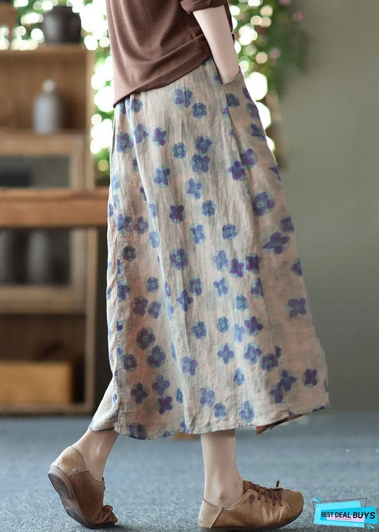 Purple Print Pockets Patchwork Linen Skirts Wrinkled Elastic Waist Summer