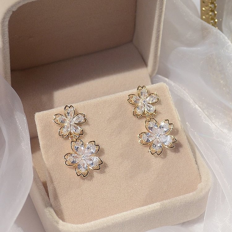 14K Gold Crystal Flower Drop Earrings