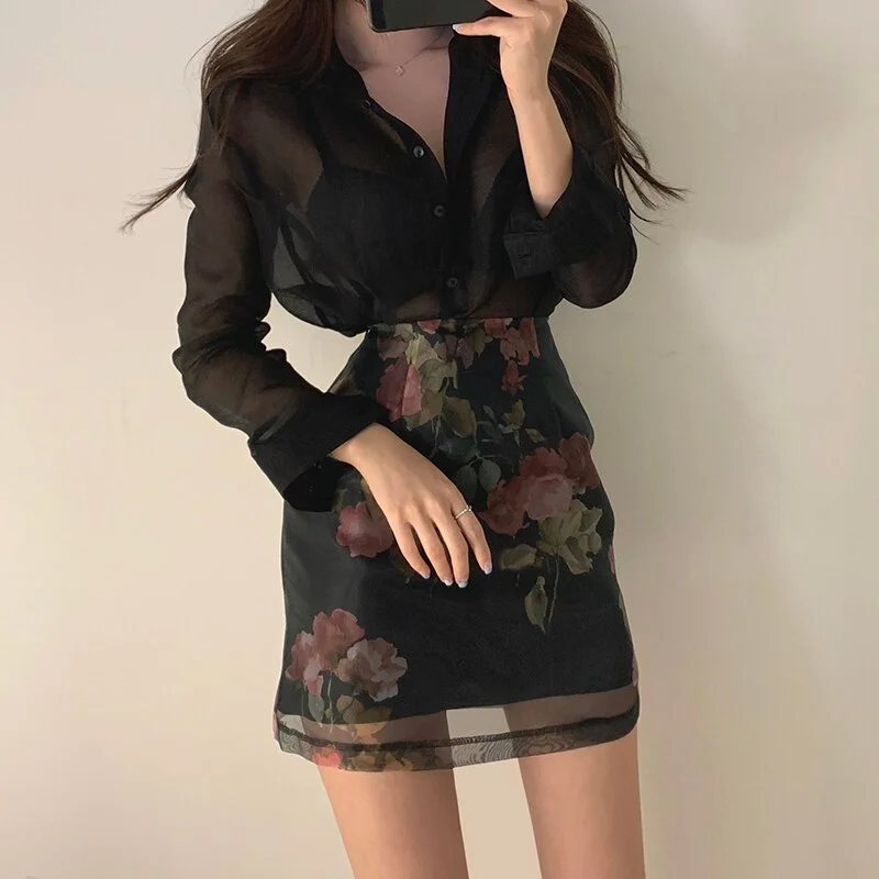 Women Summer 2 Piece Set Sexy Transparent Long Sleeve Pink Chiffon Shirt Top + High Waist Floral Print A Line Skirts Sets