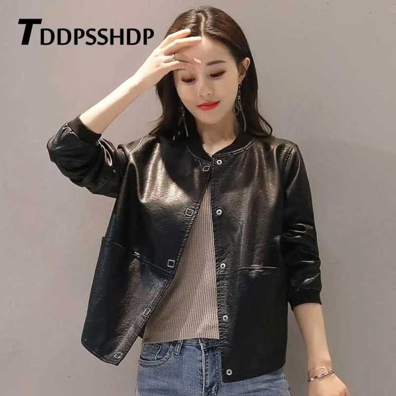 Short 2019 Spring New Loose Pu Leather Jacket Black Red Caramel Brown Color Female Coat