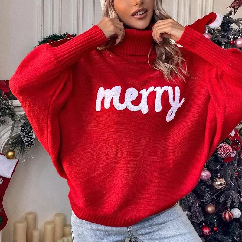 PASUXI Christmas Knitted Sweater Women Turtleneck Bat Sleeve Merry Pullover Female Fashion New Year Letter Embroidery Red Sweaters