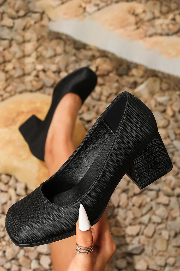 Solid Color Textured Square Toe Slip On Satin Chunky Heels