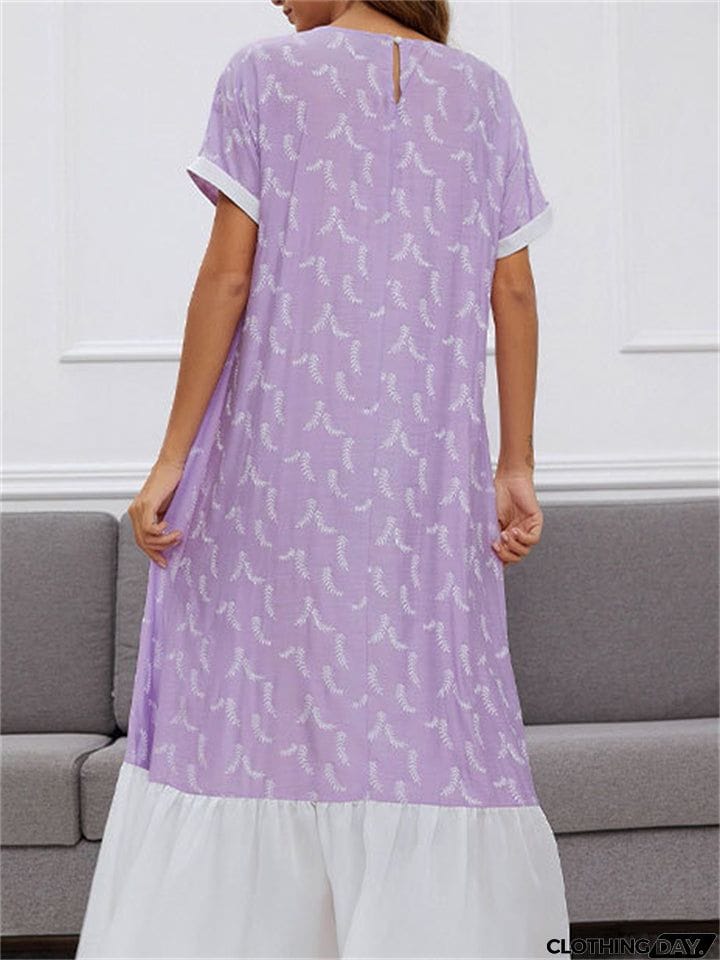 Round Neck Printed Contrast Color Long Dresses