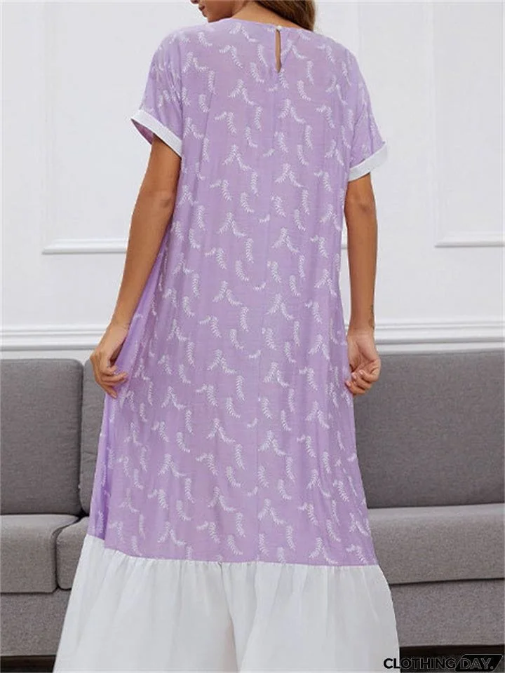Round Neck Printed Contrast Color Long Dresses