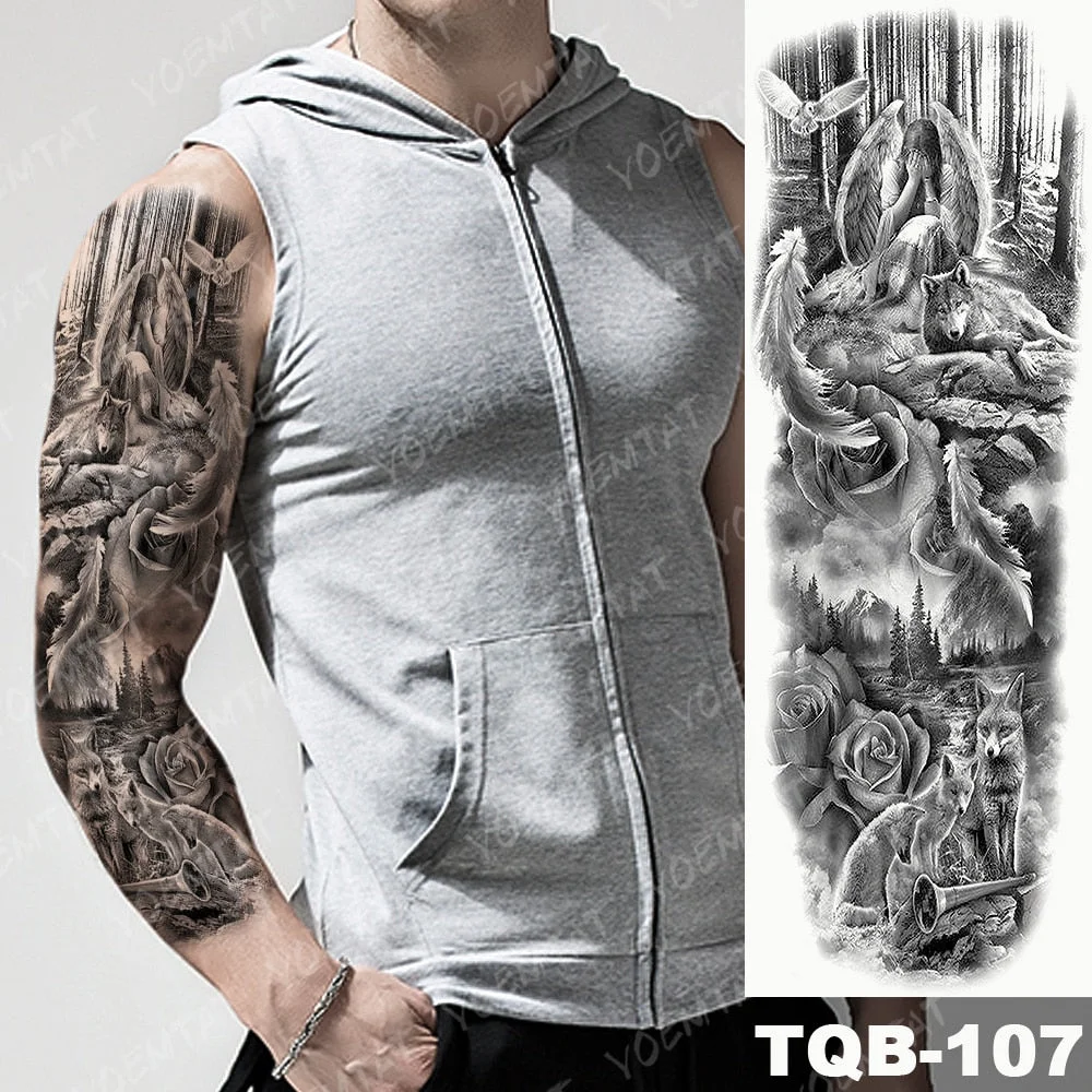 Large Arm Sleeve Waterproof Temporary Tattoo Sticker Lion Crown Gun Rose Wolf Tiger Animal Tattoos Women Men Body Art Fake Tatto