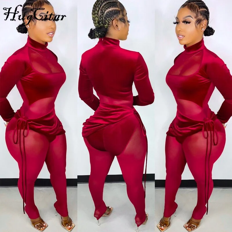 Hugcitar Women Fall Long Sleeve Hollow Out Crop Top Drawstring Irregular Mini 2 Pieces Set Bodycon Sexy 2021 Streetwear Club Y2K