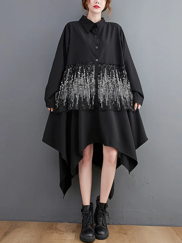 Original Stylish Loose Sequined Buttoned High-Low Lapel Collar Long Sleeves Midi Shirt Dress