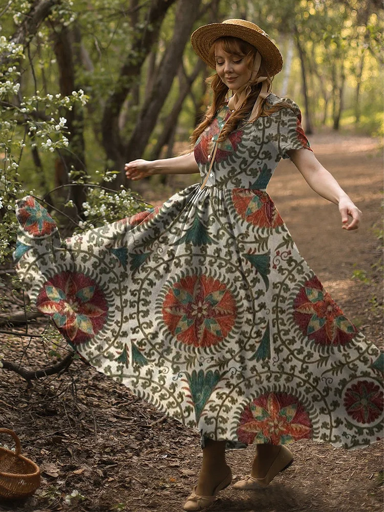 Women's Vintage Floral Art Illustration Print Dress