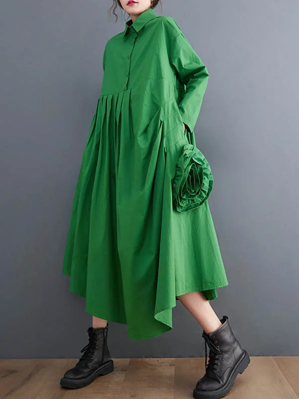 Urban Floral Applique Pleated Long Sleeves Shirt Dress Midi Dress