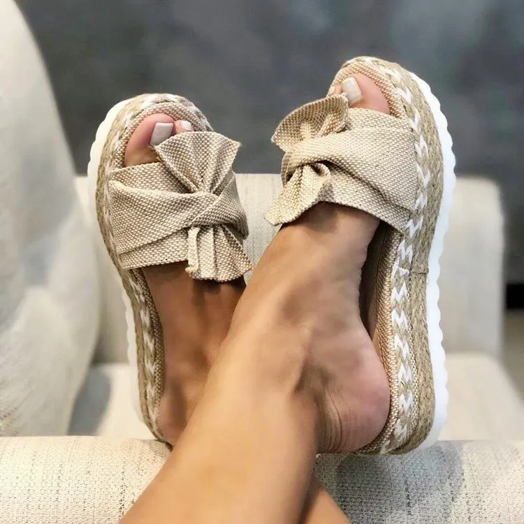 Breakj Breakj New Bow One Word Thick Bottom Slope And Hemp Rope Large Size Women Sandals Quality Assurance
